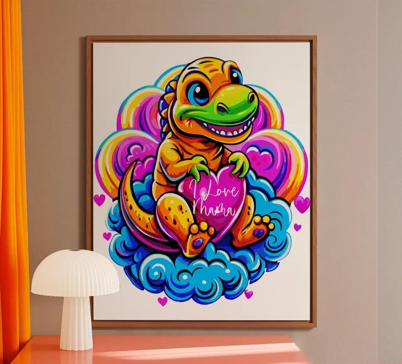 Cute Dino Hugging a Heart Pillow on a Cloud - Custom Text alluminio dibond da Artnesia