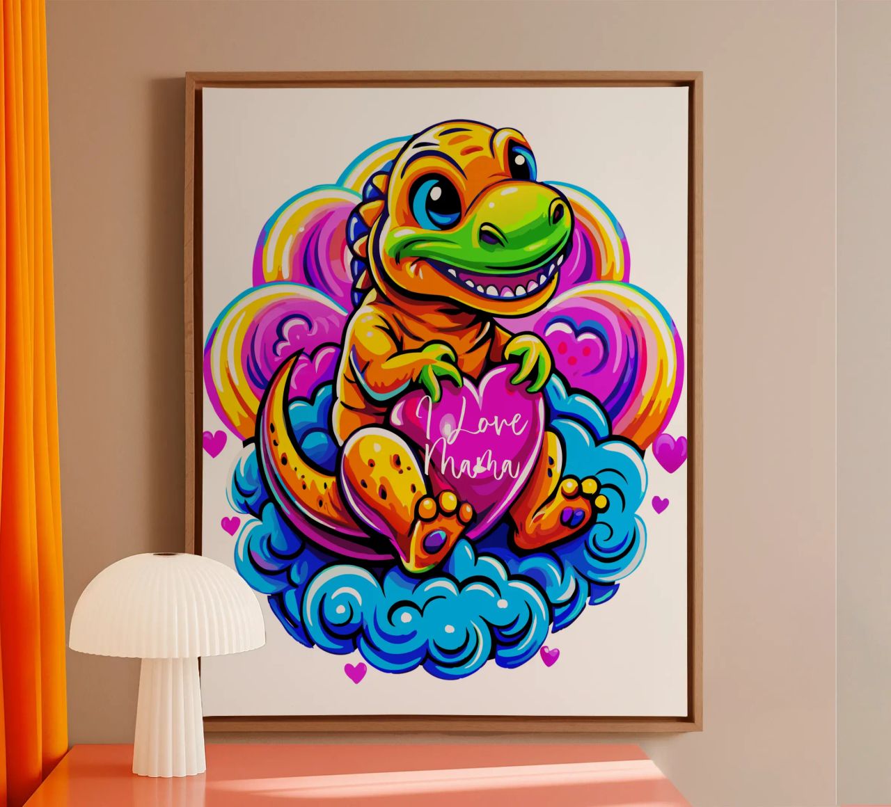 Cute Dino Hugging a Heart Pillow on a Cloud - Custom Text lienzo de Artnesia