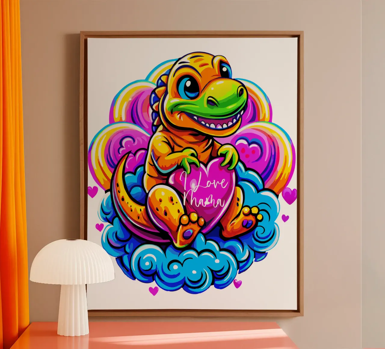 Cute Dino Hugging a Heart Pillow on a Cloud - Custom Text canvas by Artnesia