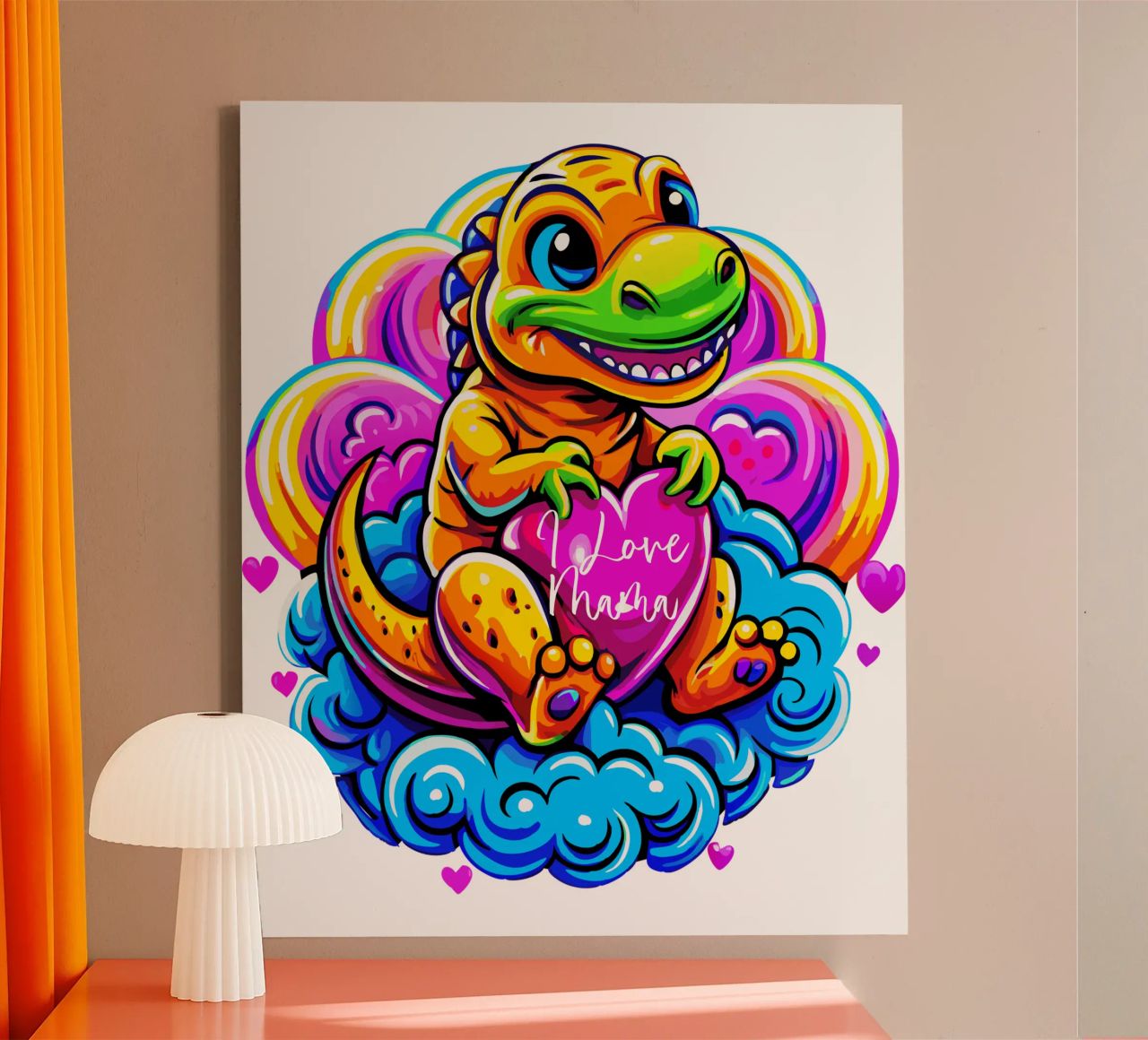 Cute Dino Hugging a Heart Pillow on a Cloud - Custom Text lienzo de Artnesia
