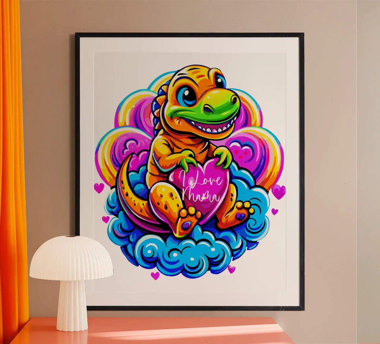 Cute Dino Hugging a Heart Pillow on a Cloud - Custom Text hahnemühle de Artnesia