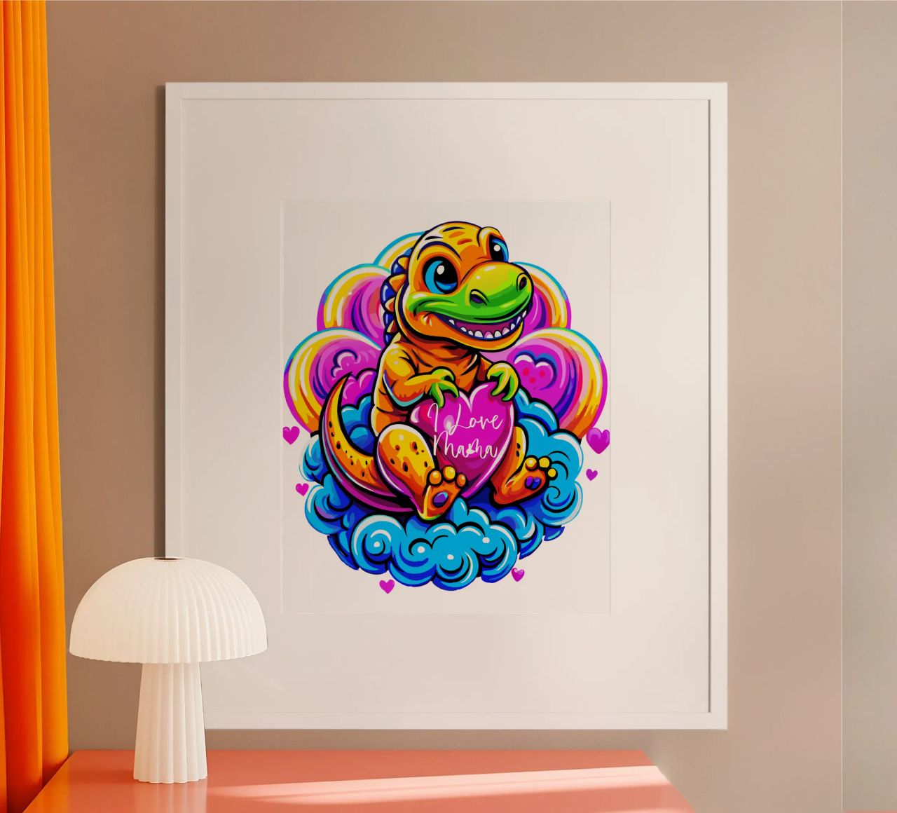 Cute Dino Hugging a Heart Pillow on a Cloud - Custom Text hahnemühle de Artnesia
