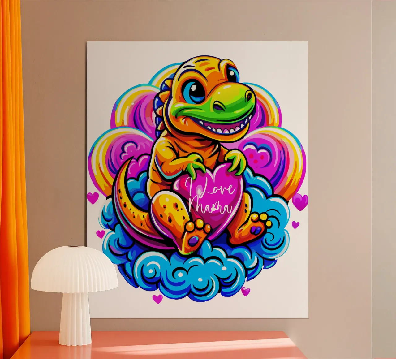 Cute Dino Hugging a Heart Pillow on a Cloud - Custom Text hahnemühle de Artnesia