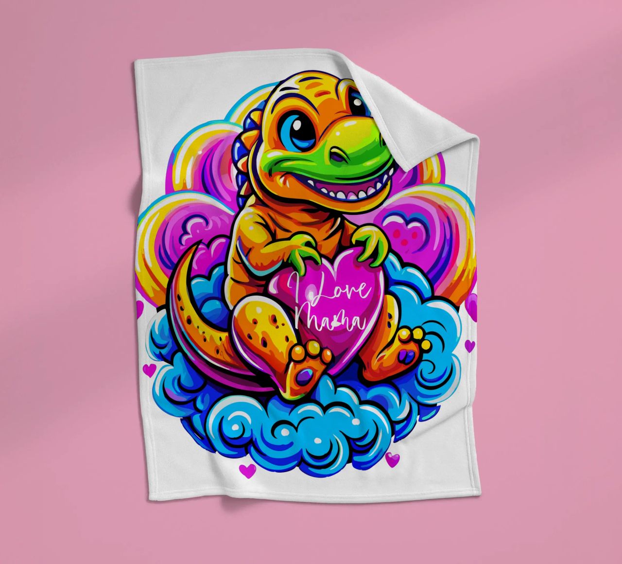 Cute Dino Hugging a Heart Pillow on a Cloud - Custom Text fleecedeken van Artnesia