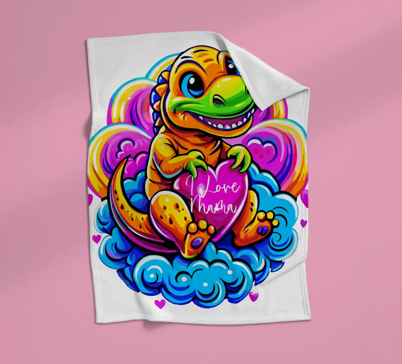 Cute Dino Hugging a Heart Pillow on a Cloud - Custom Text plaid polaire de Artnesia