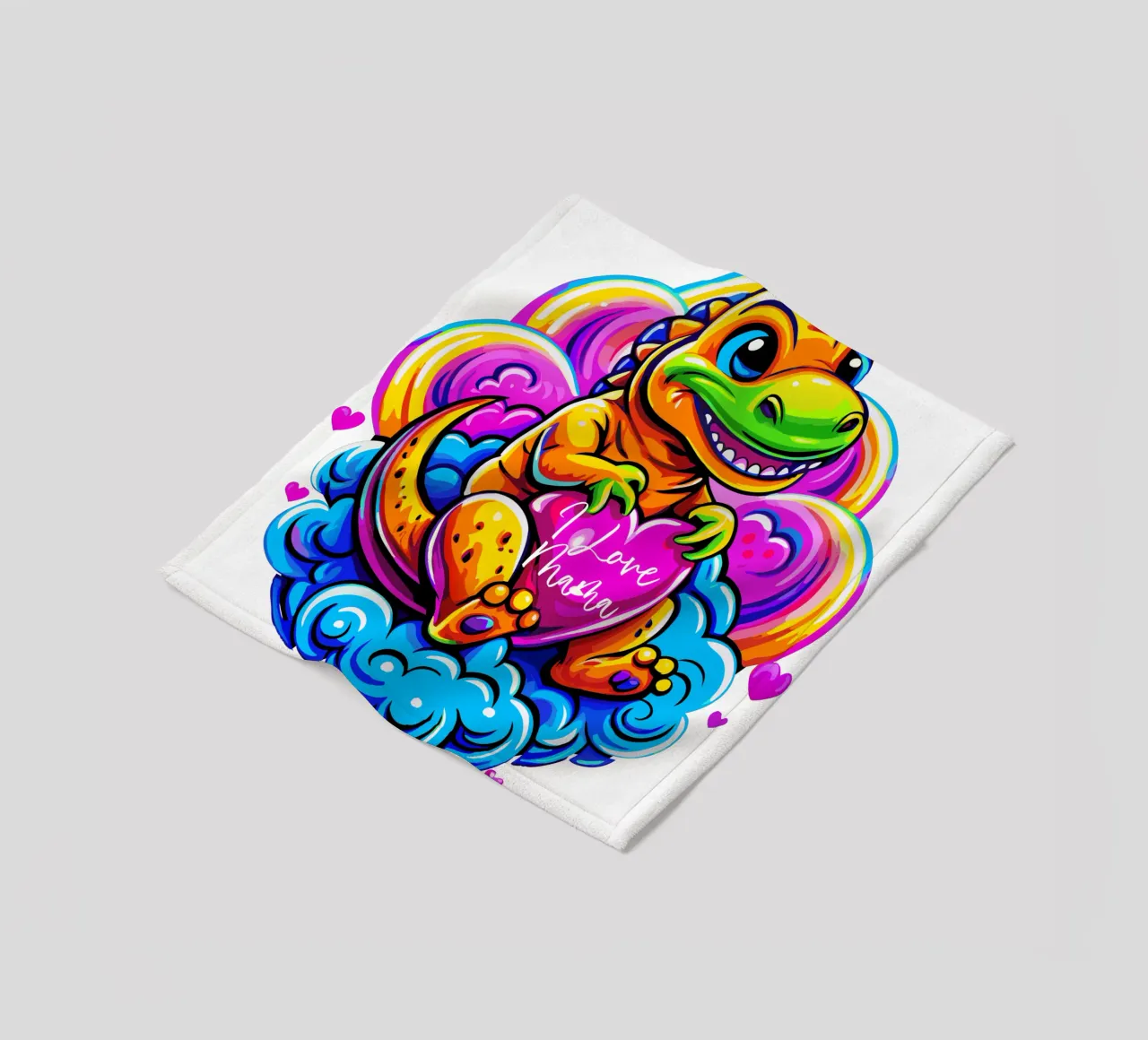 Cute Dino Hugging a Heart Pillow on a Cloud - Custom Text plaid polaire de Artnesia