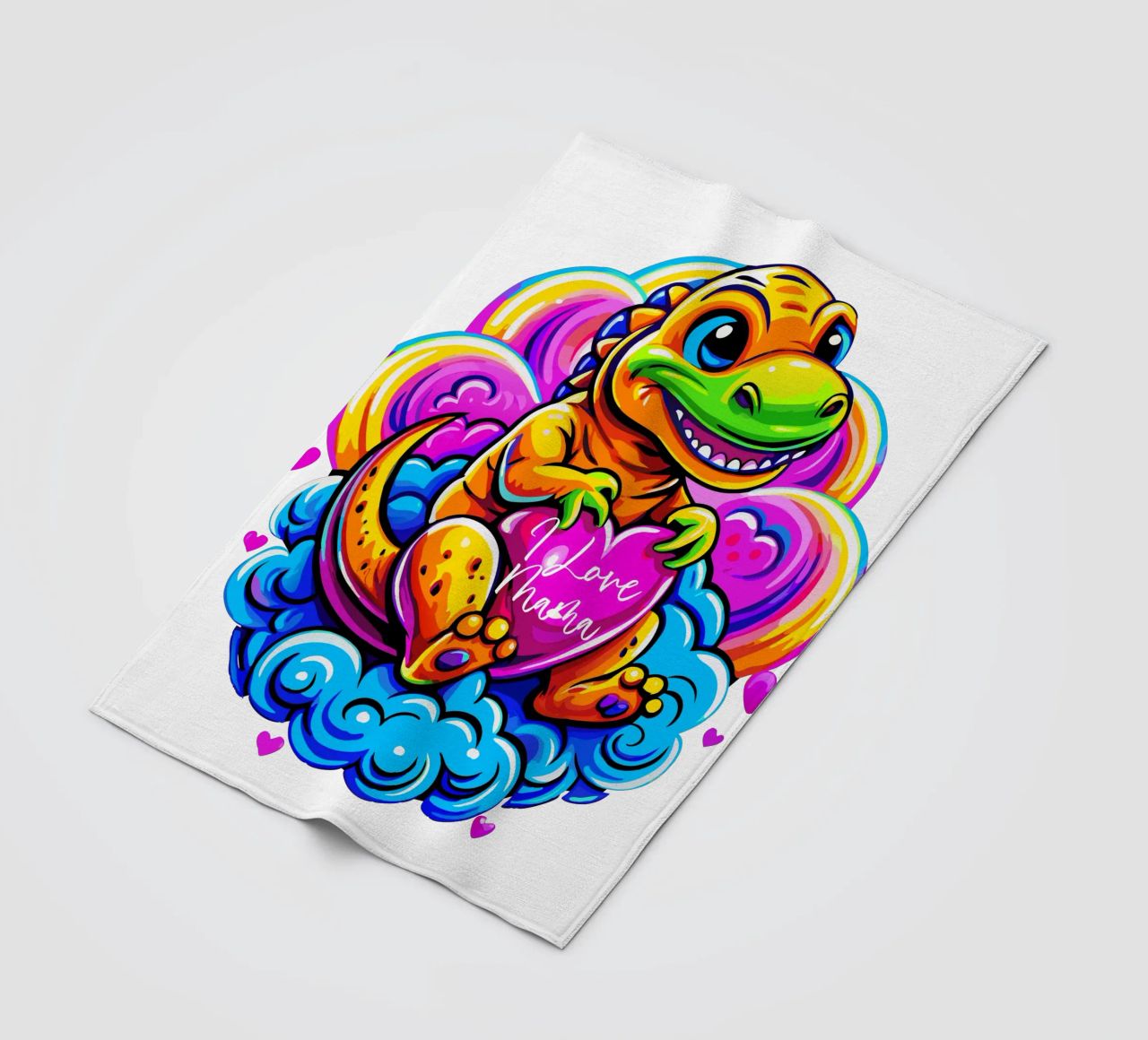 Cute Dino Hugging a Heart Pillow on a Cloud - Custom Text fleecedeken van Artnesia