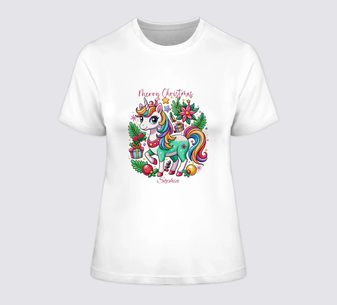 Magical Christmas Cute Unicorn - Add Custom Event and Name women's fitted t-shirt by Artnesia