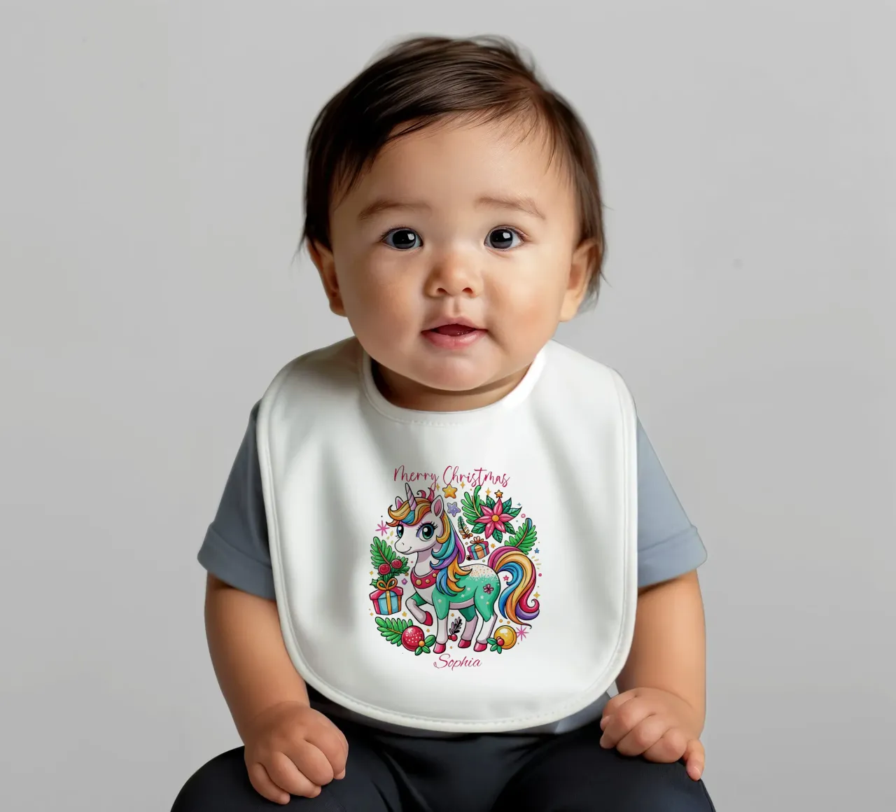 Magical Christmas Cute Unicorn - Add Custom Event and Name baby bib by Artnesia