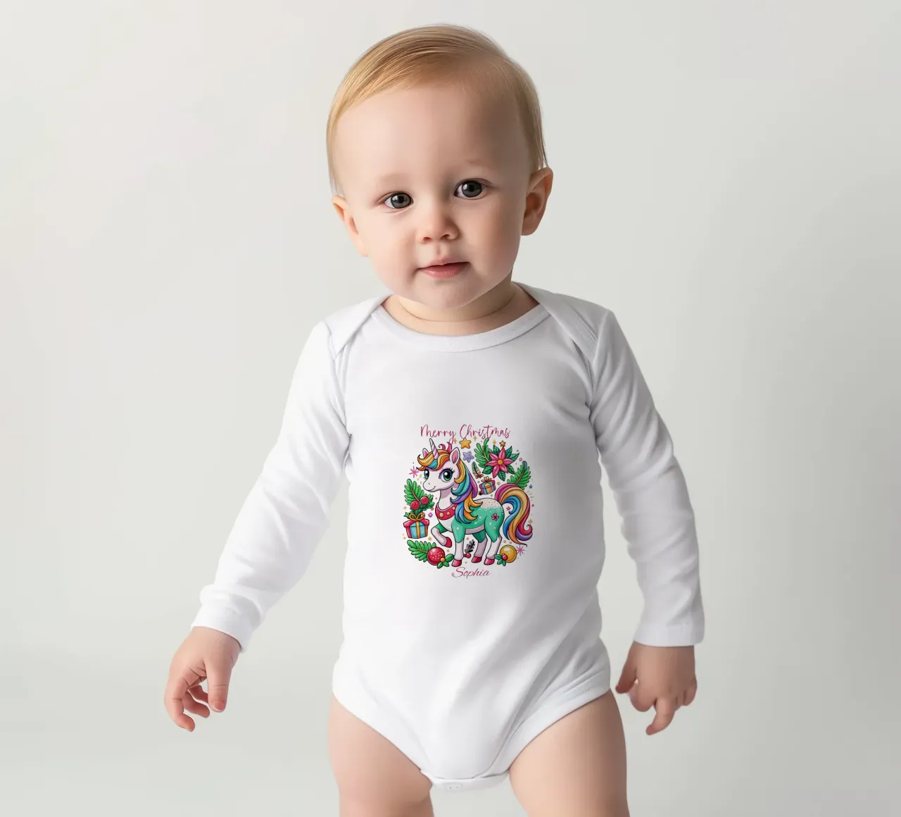 Magical Christmas Cute Unicorn - Add Custom Event and Name long-sleeve baby romper by Artnesia