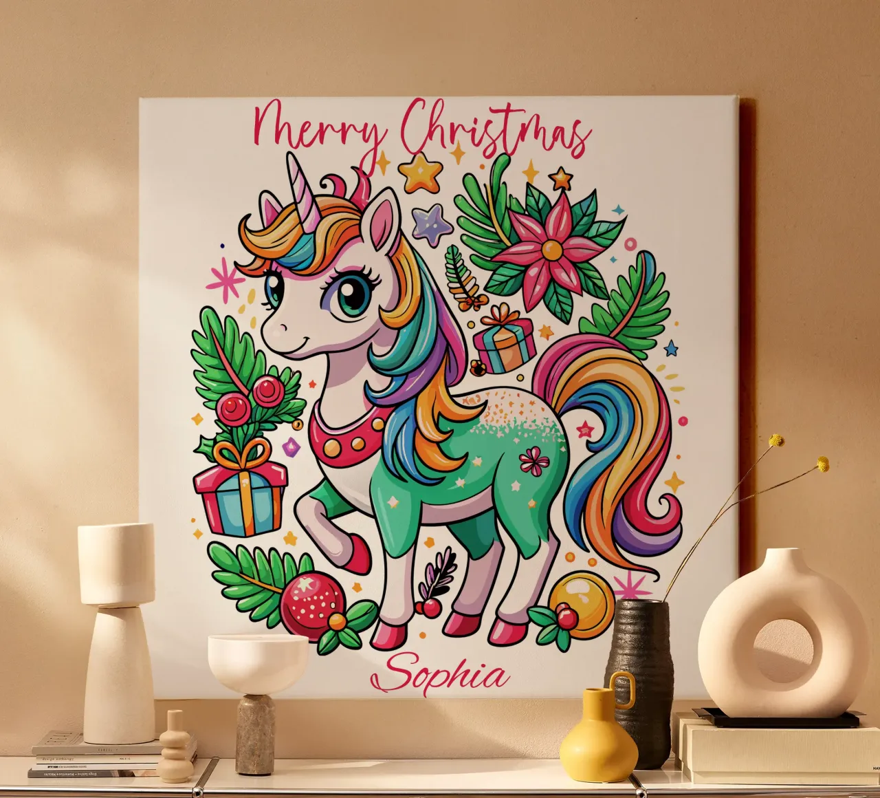 Magical Christmas Cute Unicorn - Add Custom Event and Name canvas by Artnesia