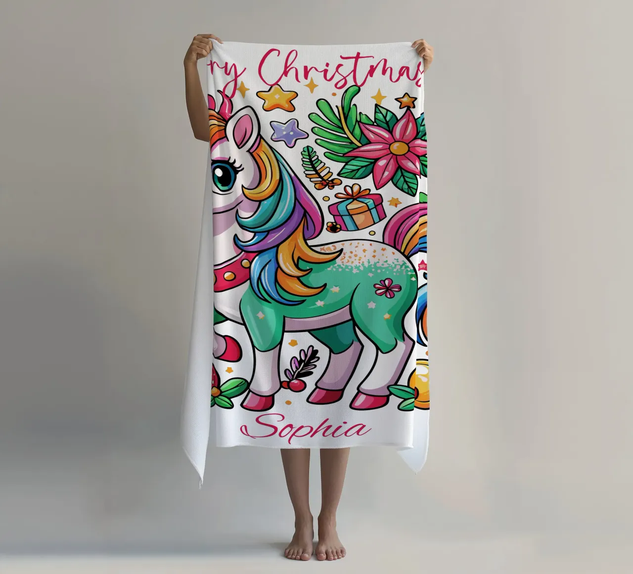 Magical Christmas Cute Unicorn - Add Custom Event and Name beach towel by Artnesia