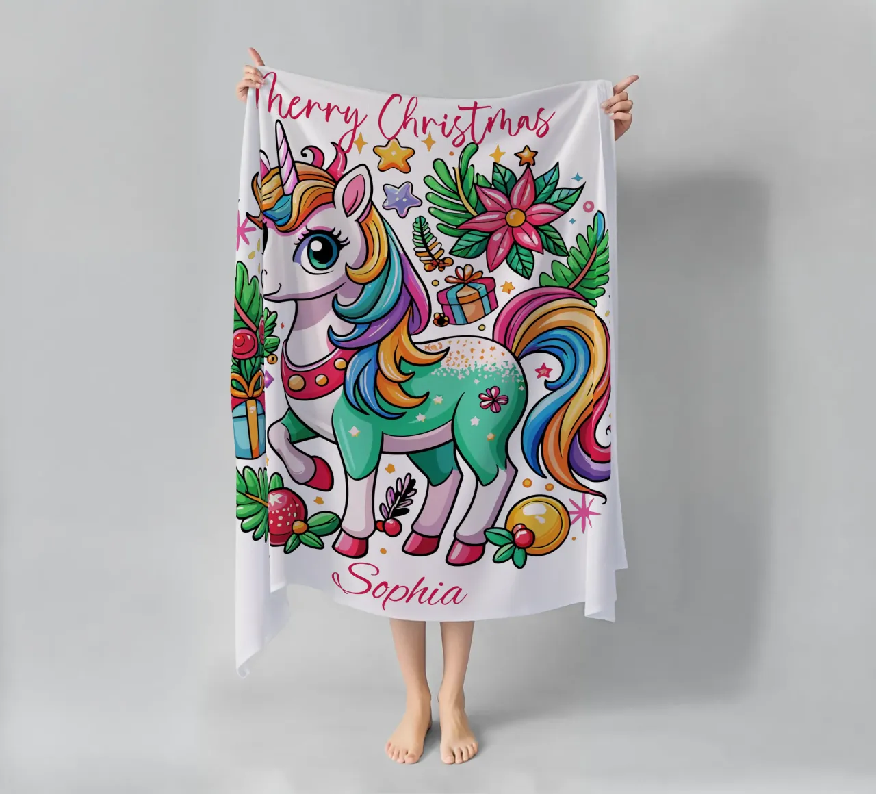Magical Christmas Cute Unicorn - Add Custom Event and Name beach towel by Artnesia