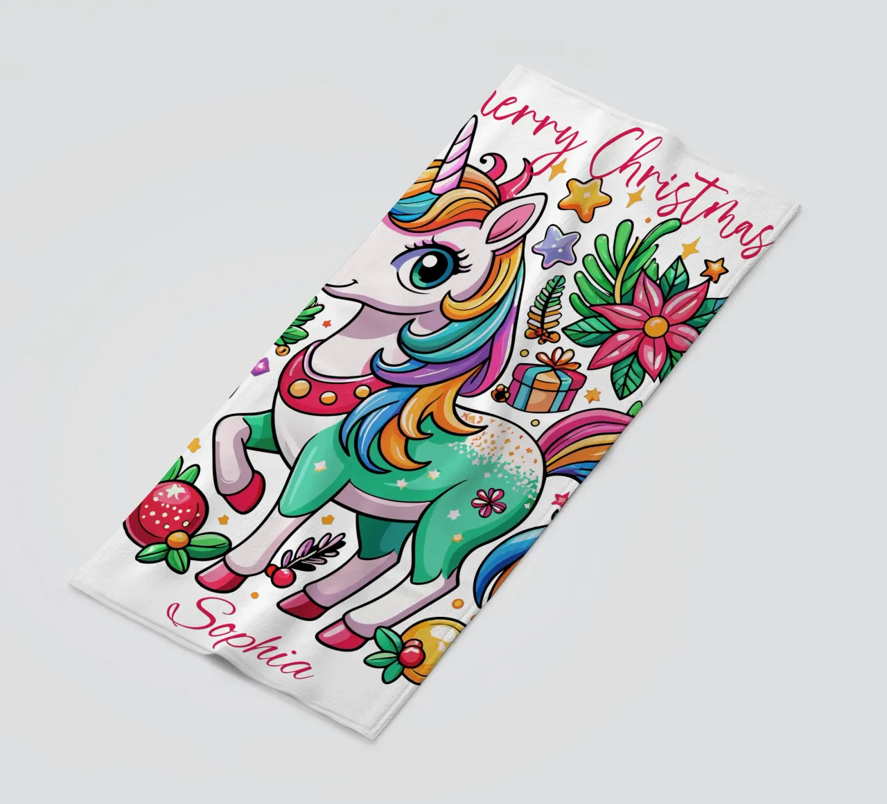 Magical Christmas Cute Unicorn - Add Custom Event and Name beach towel by Artnesia