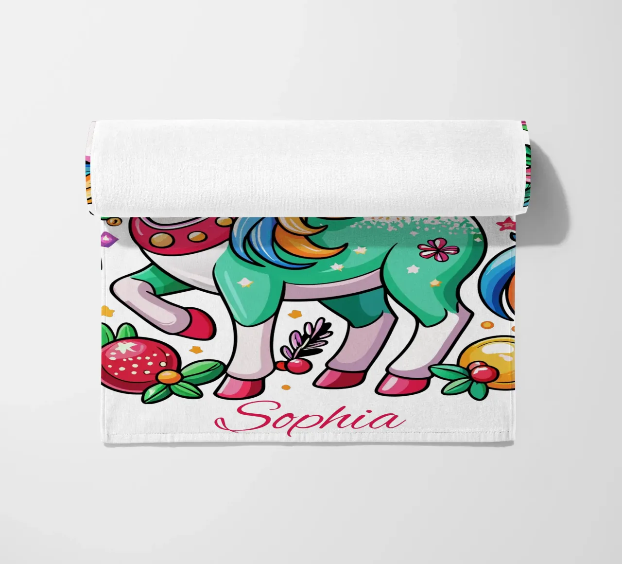Magical Christmas Cute Unicorn - Add Custom Event and Name beach towel by Artnesia