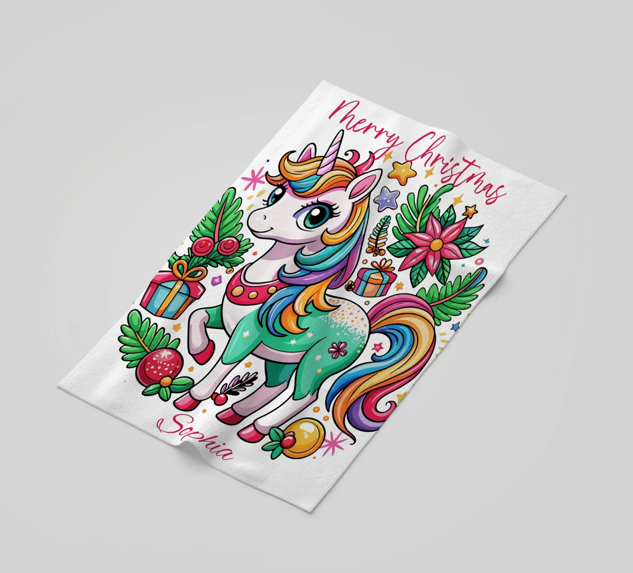 Magical Christmas Cute Unicorn - Add Custom Event and Name beach towel by Artnesia