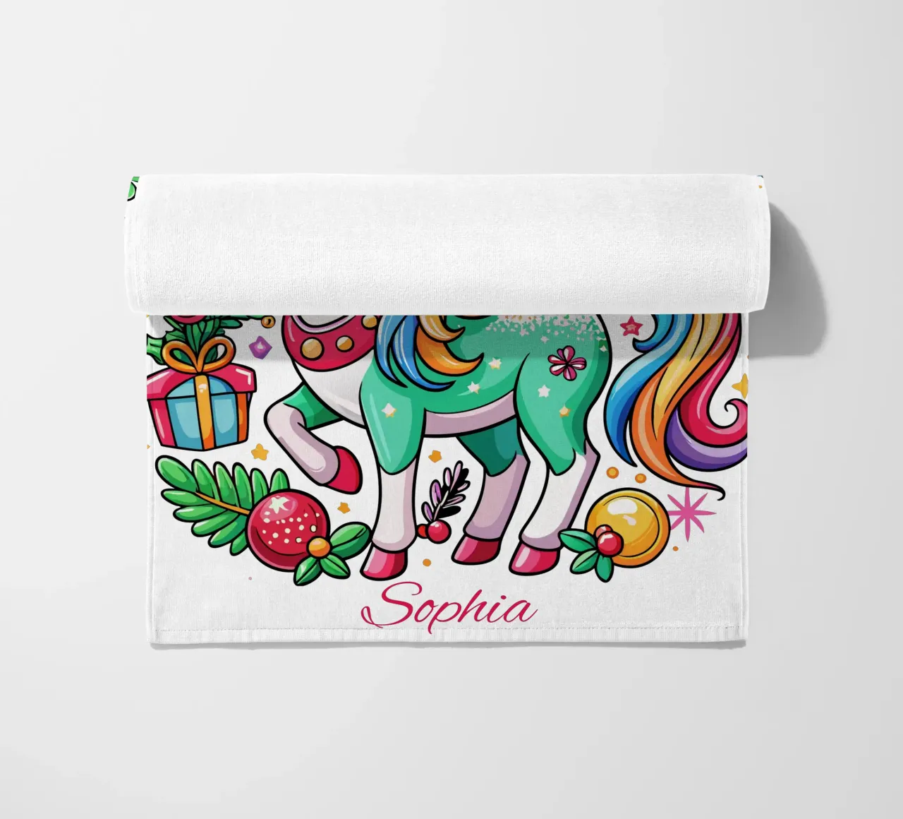Magical Christmas Cute Unicorn - Add Custom Event and Name beach towel by Artnesia