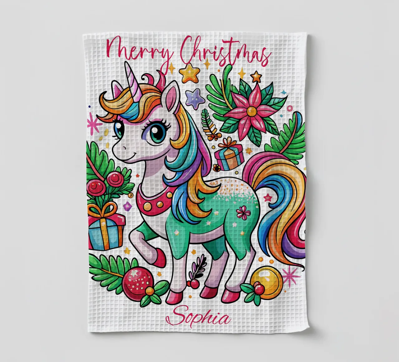 Magical Christmas Cute Unicorn - Add Custom Event and Name tea towel by Artnesia