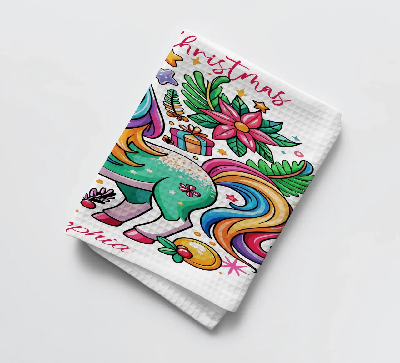 Magical Christmas Cute Unicorn - Add Custom Event and Name tea towel by Artnesia