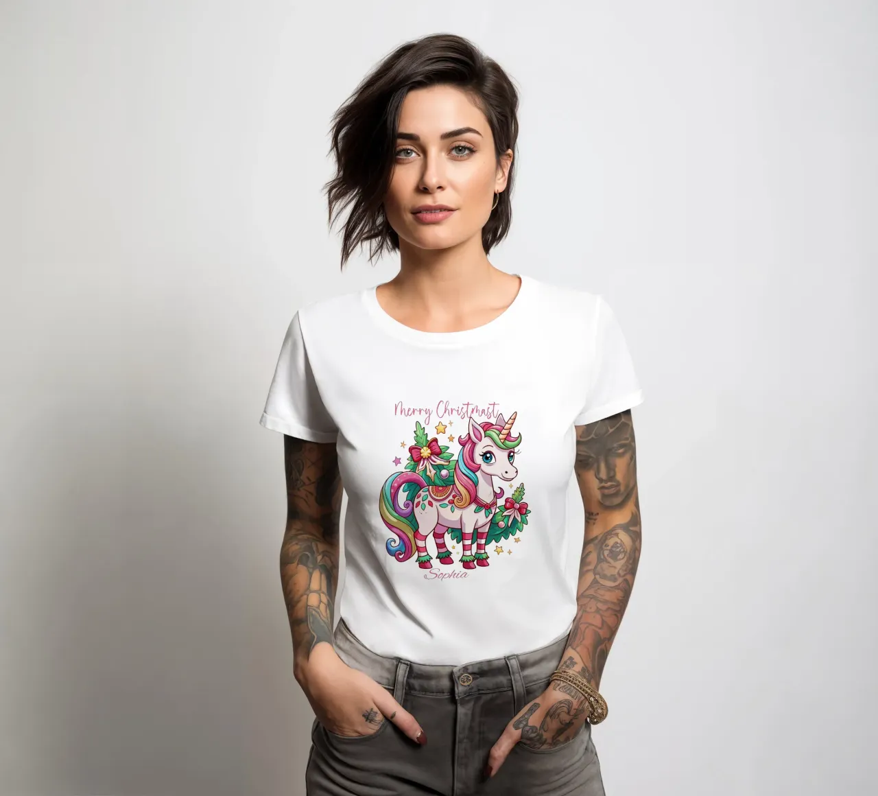 Magical Christmas Cute Unicorn - Add Custom Event and Name dames t-shirt getailleerd van Artnesia