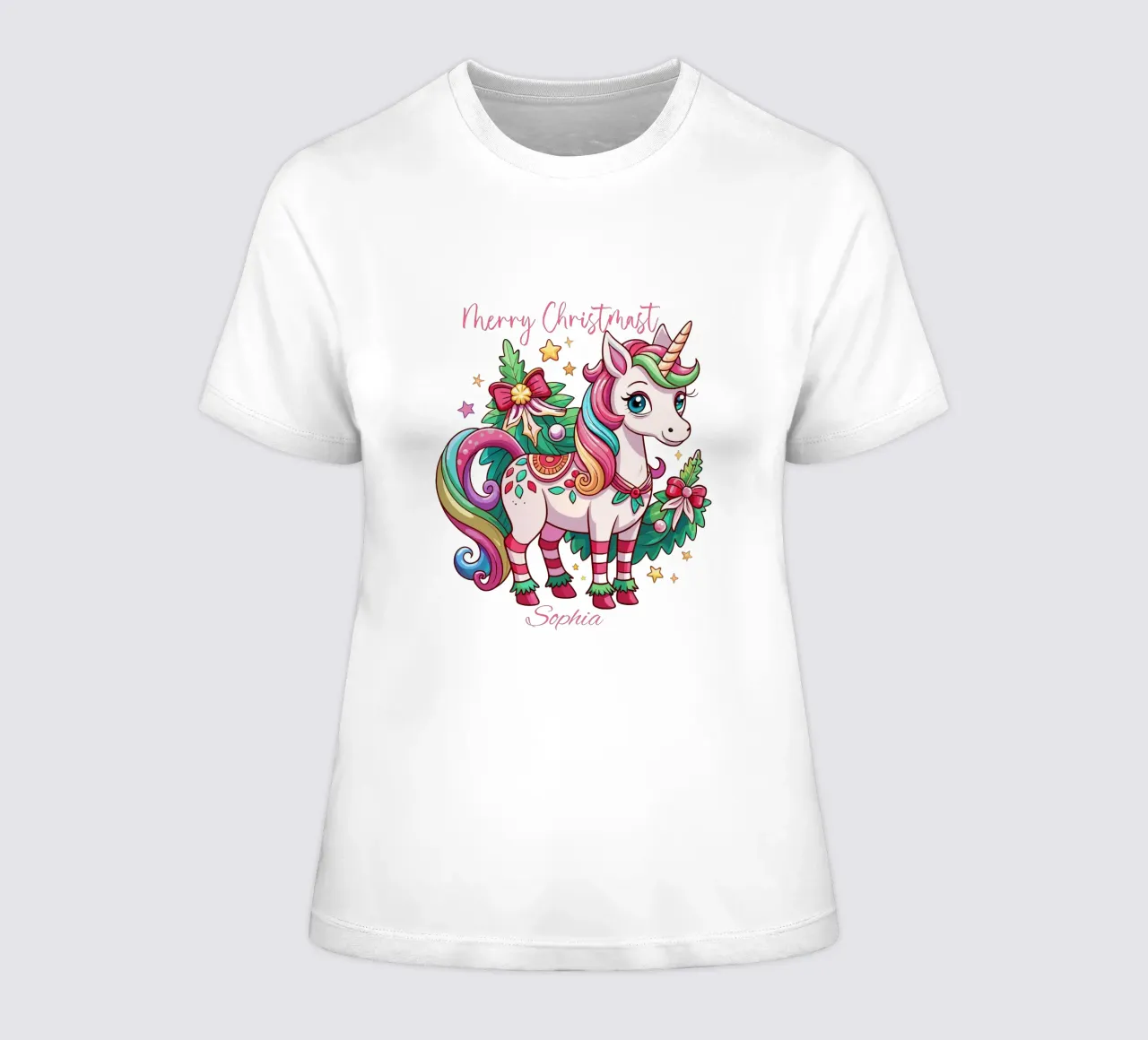Magical Christmas Cute Unicorn - Add Custom Event and Name dames t-shirt getailleerd van Artnesia