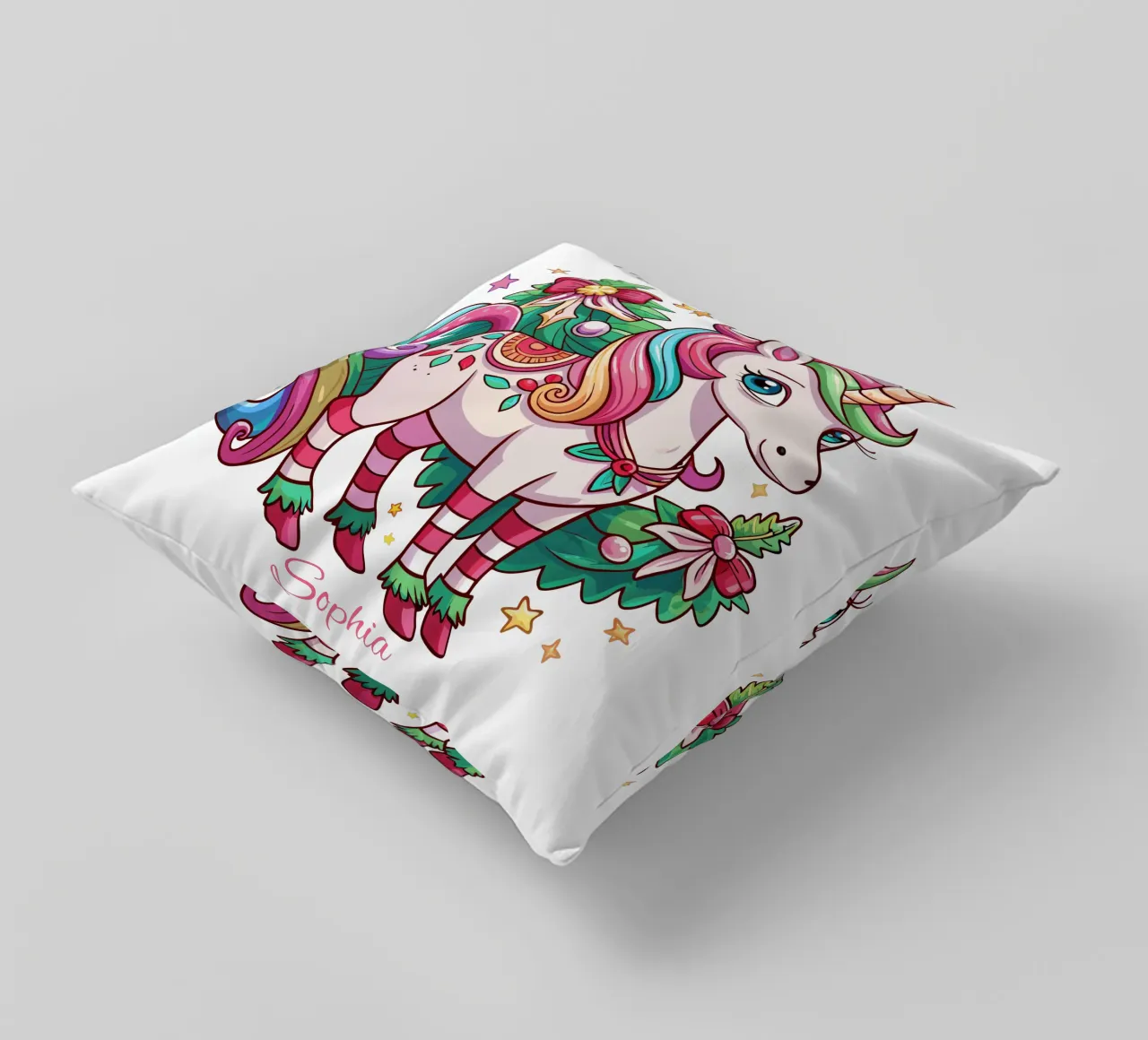 Magical Christmas Cute Unicorn - Add Custom Event and Name decorative cushion by Artnesia