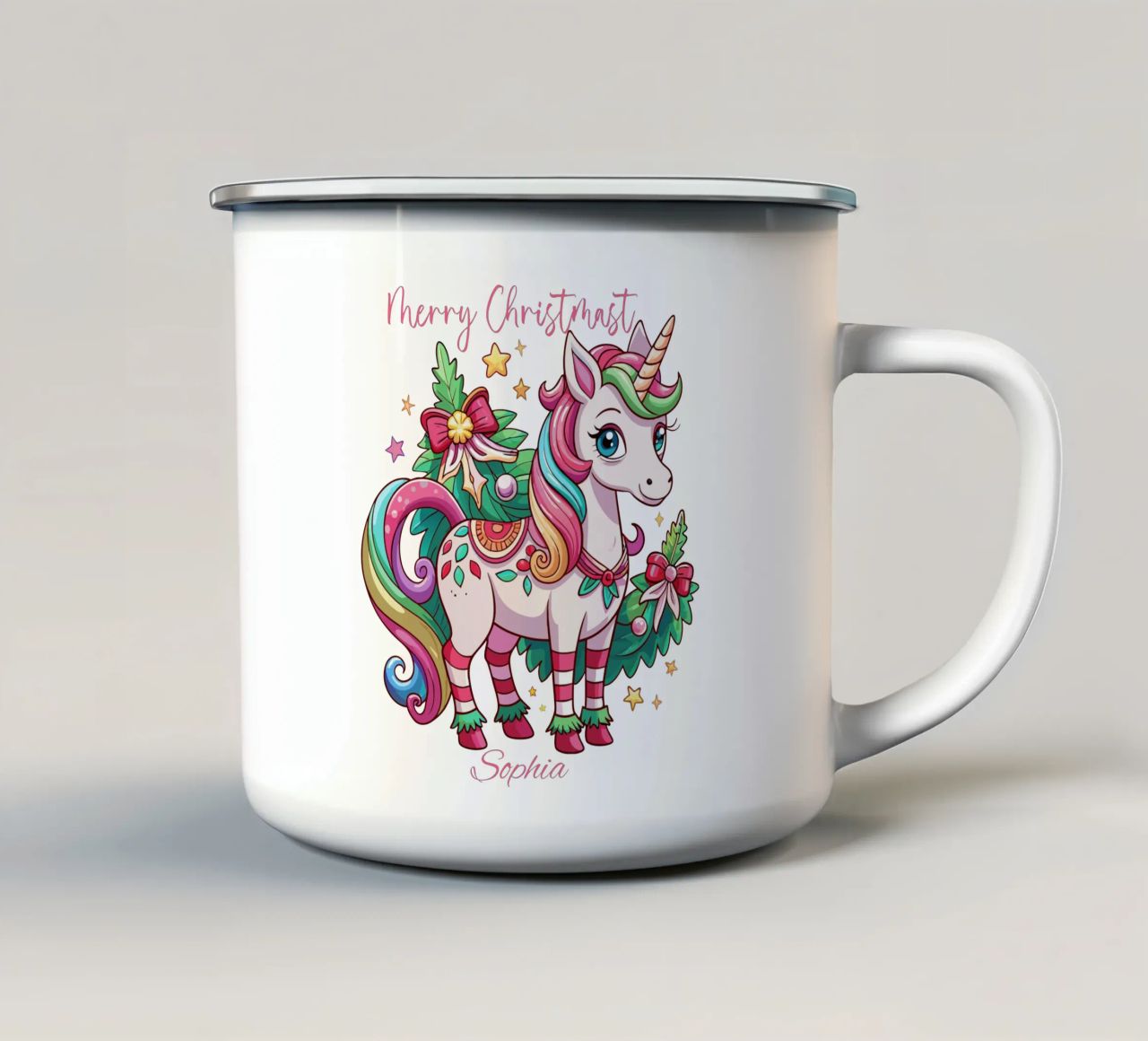 Magical Christmas Cute Unicorn - Add Custom Event and Name Emaille Tasse von Artnesia