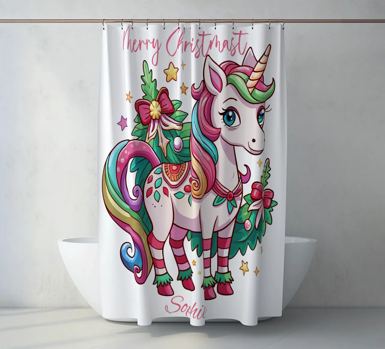 Magical Christmas Cute Unicorn - Add Custom Event and Name rideau de douche de Artnesia