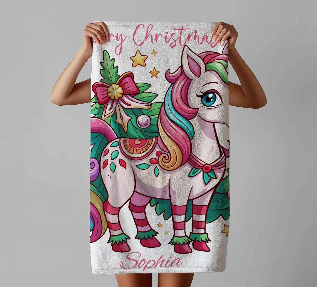 Magical Christmas Cute Unicorn - Add Custom Event and Name badhanddoek van Artnesia