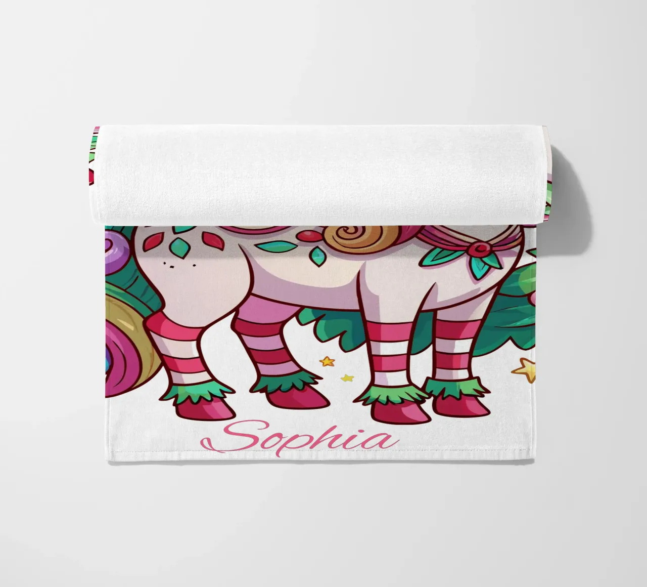 Magical Christmas Cute Unicorn - Add Custom Event and Name Strandtuch von Artnesia
