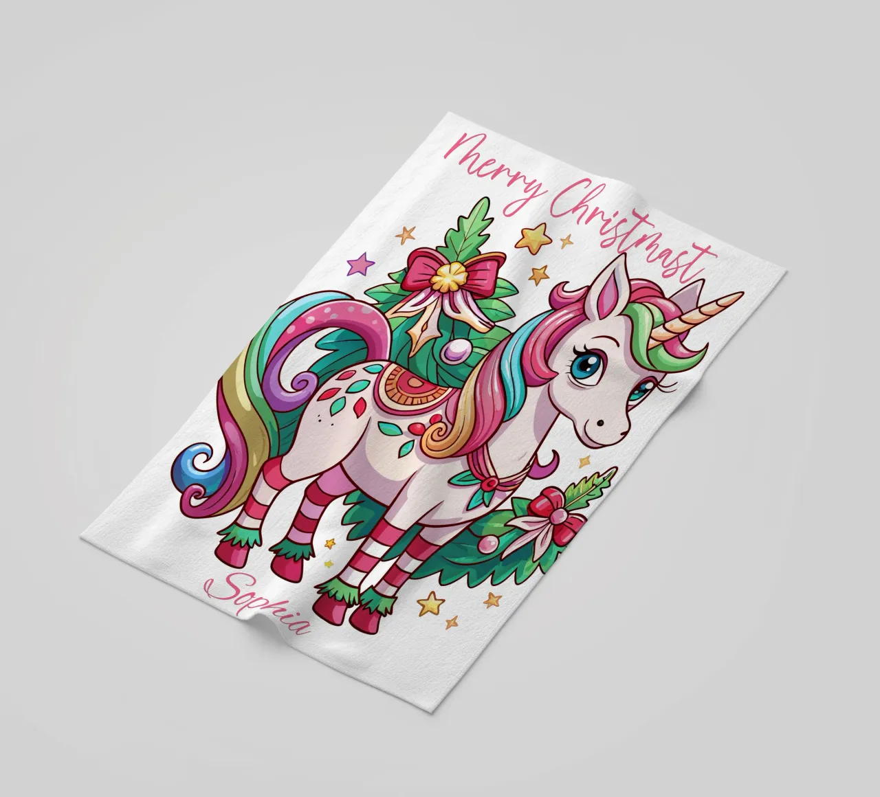 Magical Christmas Cute Unicorn - Add Custom Event and Name Strandtuch von Artnesia