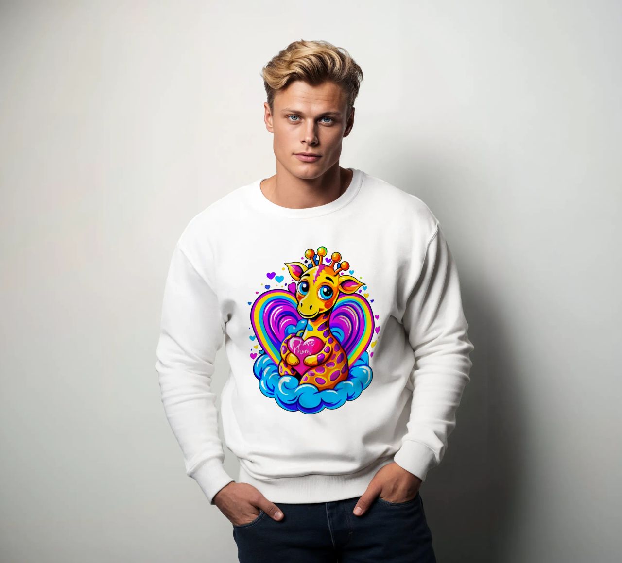 Niedliche Giraffe, die ein Herz-Kissen auf einer Wolke umarmt - Name hinzufügen Sweatshirt von Artnesia