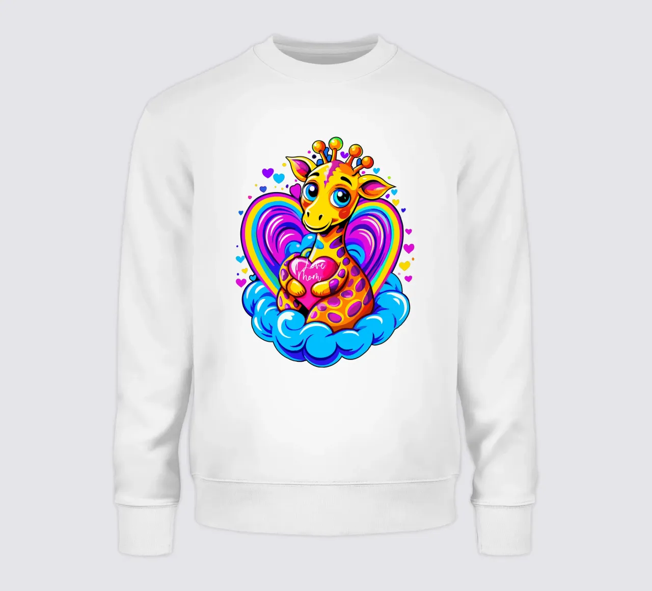 Simpatica giraffa che abbraccia un cuore in un cuscino su una nuvola - Aggiungi nome felpa da Artnesia