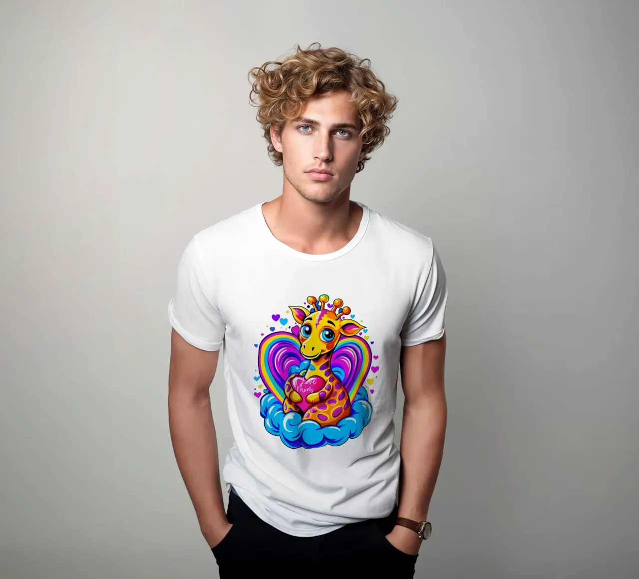 Cute Giraffe Hugging a Heart Pillow on a Cloud - Add Name t-shirt by Artnesia