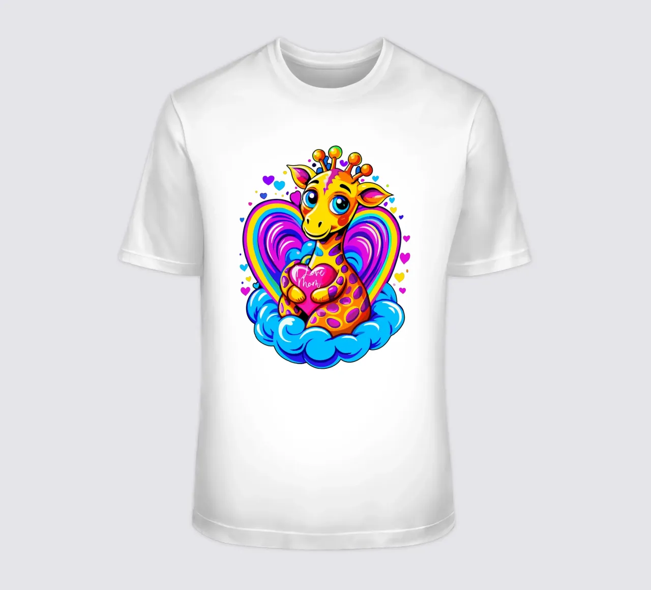 Cute Giraffe Hugging a Heart Pillow on a Cloud - Add Name t-shirt by Artnesia