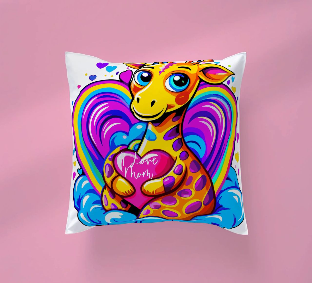Simpatica giraffa che abbraccia un cuore in un cuscino su una nuvola - Aggiungi nome cuscino da Artnesia