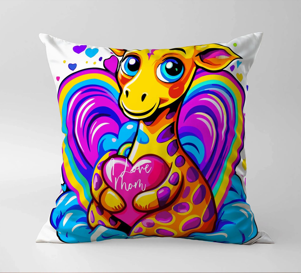 Simpatica giraffa che abbraccia un cuore in un cuscino su una nuvola - Aggiungi nome cuscino da Artnesia