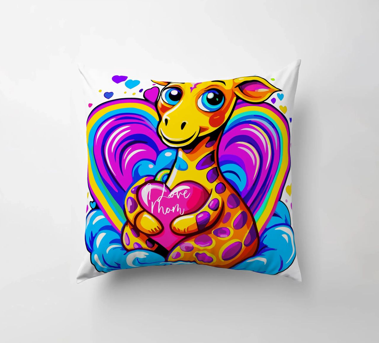 Simpatica giraffa che abbraccia un cuore in un cuscino su una nuvola - Aggiungi nome cuscino da Artnesia