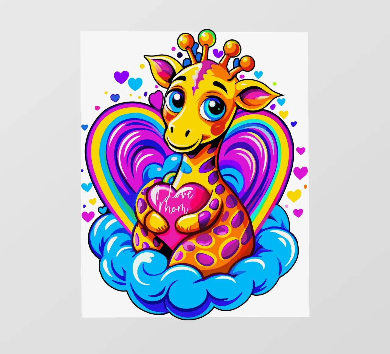 Simpatica giraffa che abbraccia un cuore in un cuscino su una nuvola - Aggiungi nome pellicola backlit da Artnesia