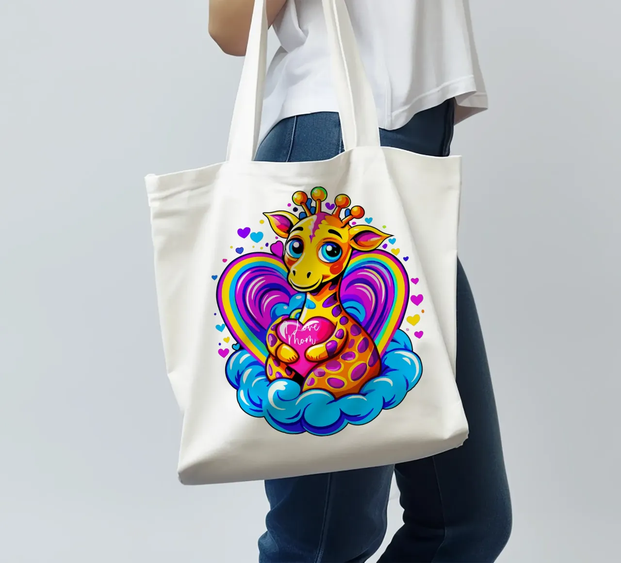 Simpatica giraffa che abbraccia un cuore in un cuscino su una nuvola - Aggiungi nome borsa in juta da Artnesia
