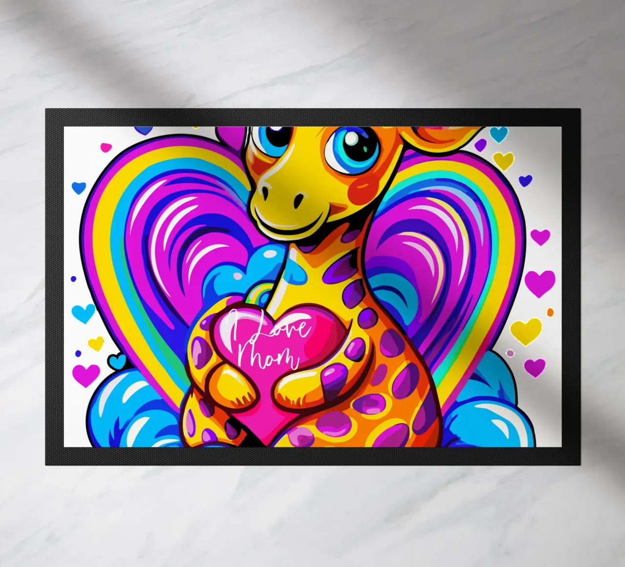 Simpatica giraffa che abbraccia un cuore in un cuscino su una nuvola - Aggiungi nome zerbino da Artnesia
