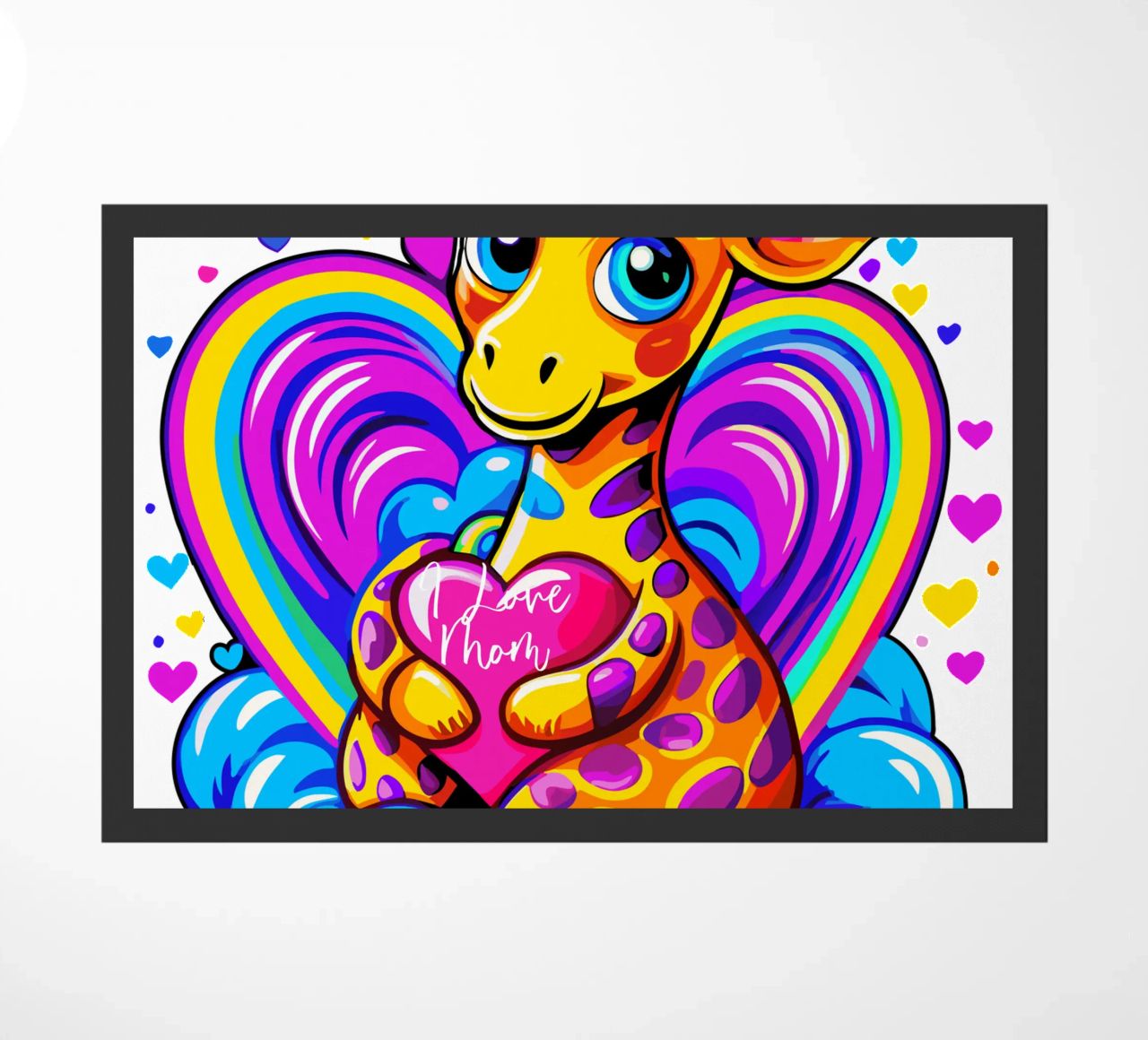 Simpatica giraffa che abbraccia un cuore in un cuscino su una nuvola - Aggiungi nome zerbino da Artnesia