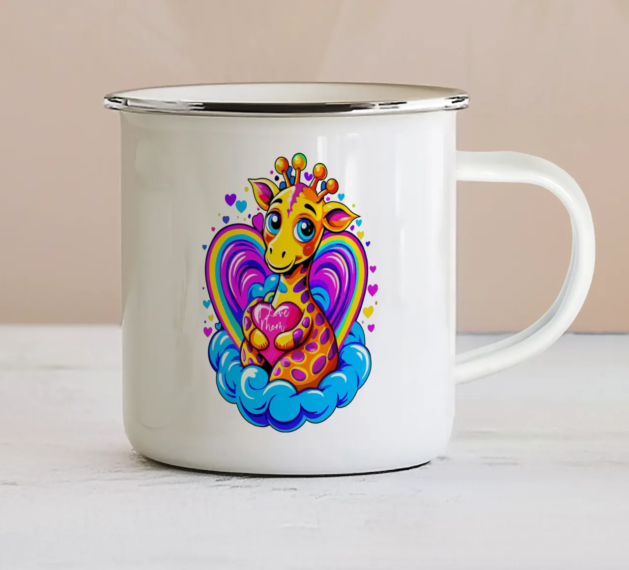 Almohada Jirafa Abrazando un Corazón sobre una Nube - Añadir nombre taza de esmalte de Artnesia