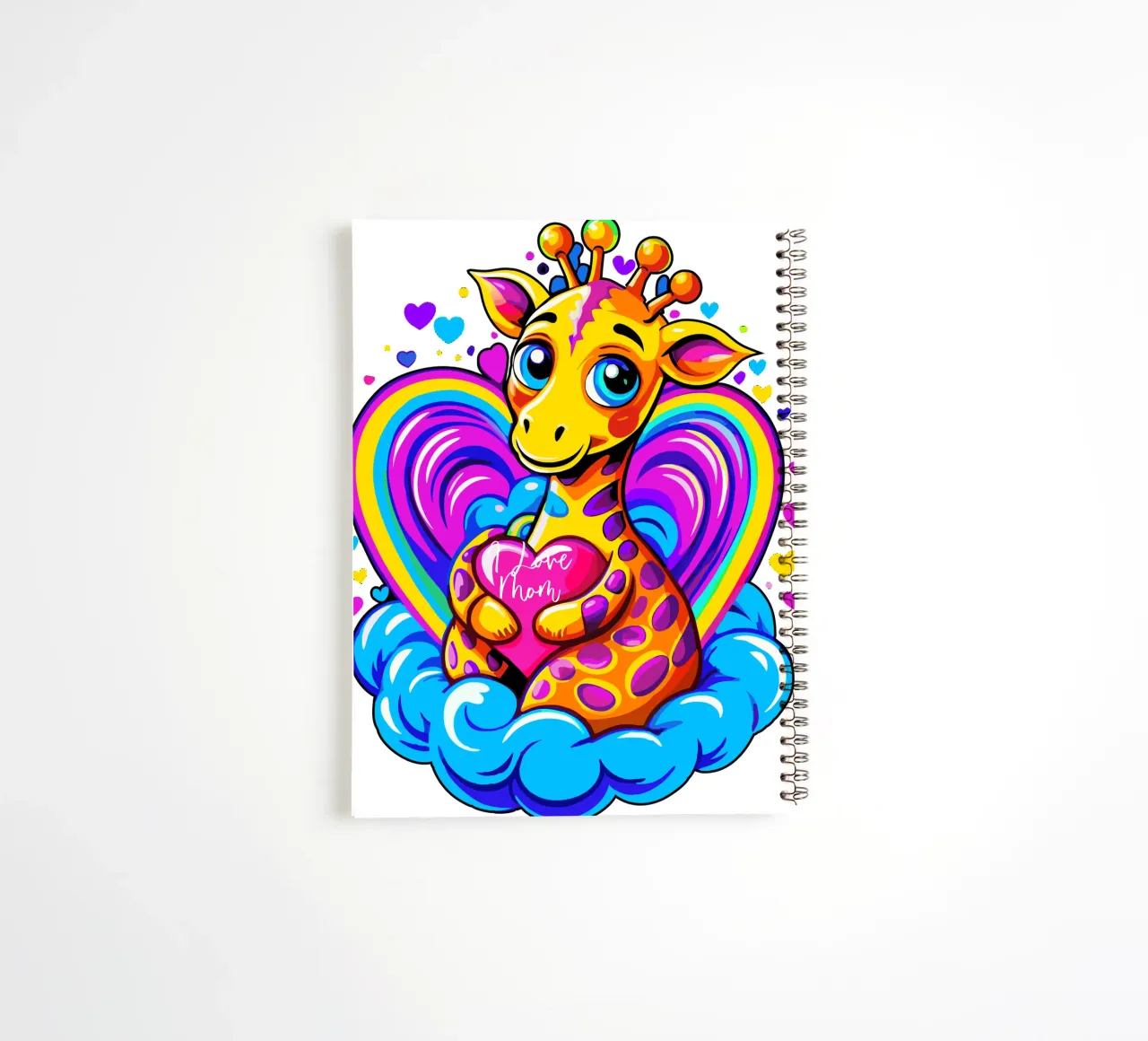 Cute Giraffe Hugging a Heart Pillow on a Cloud - Add Name spiral notebook by Artnesia