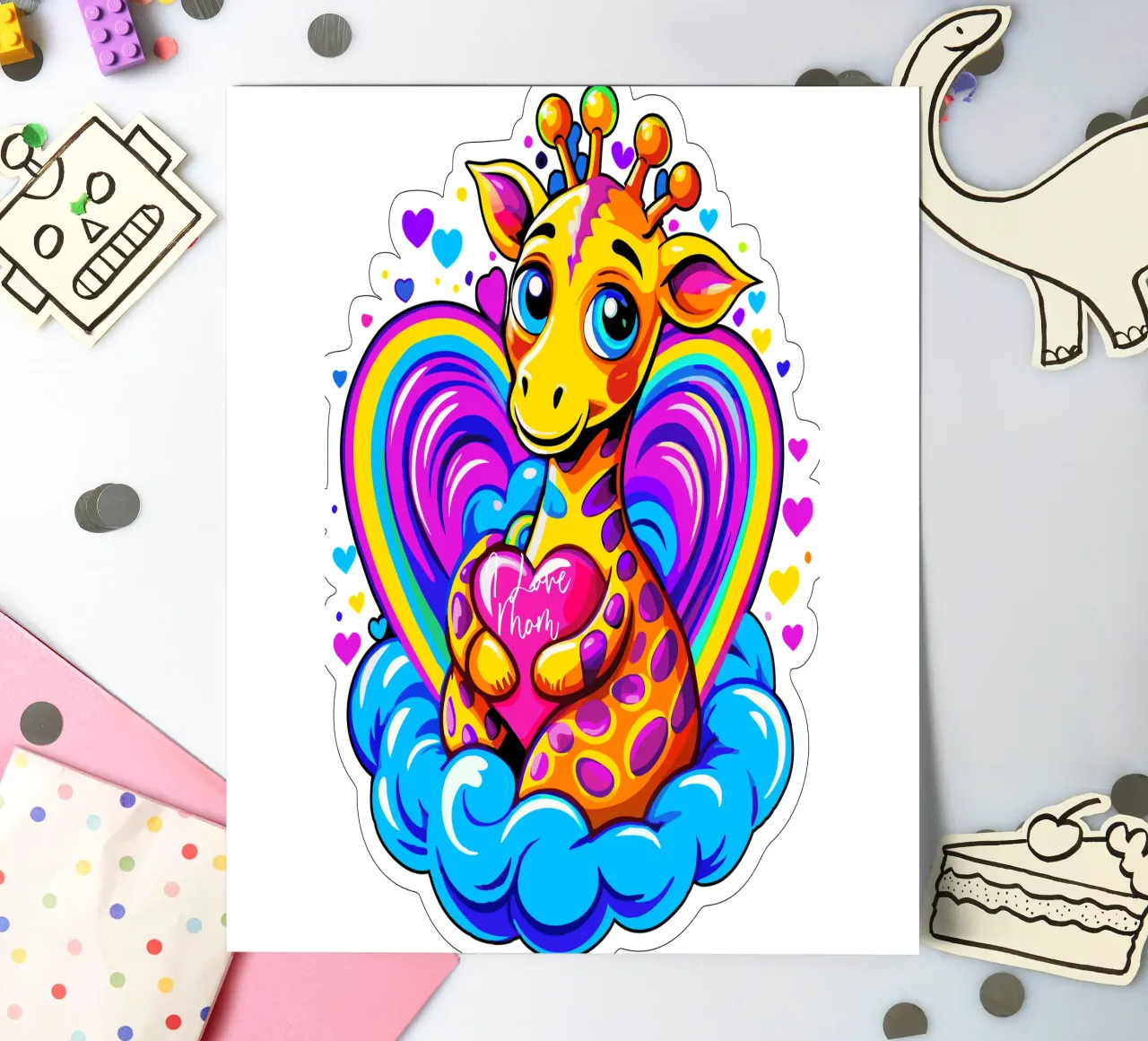 Niedliche Giraffe, die ein Herz-Kissen auf einer Wolke umarmt - Name hinzufügen Stickerbogen von Artnesia