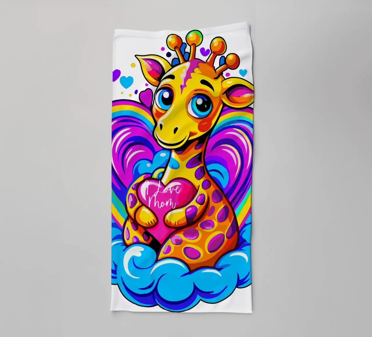 Cute Giraffe Hugging a Heart Pillow on a Cloud - Add Name towel by Artnesia