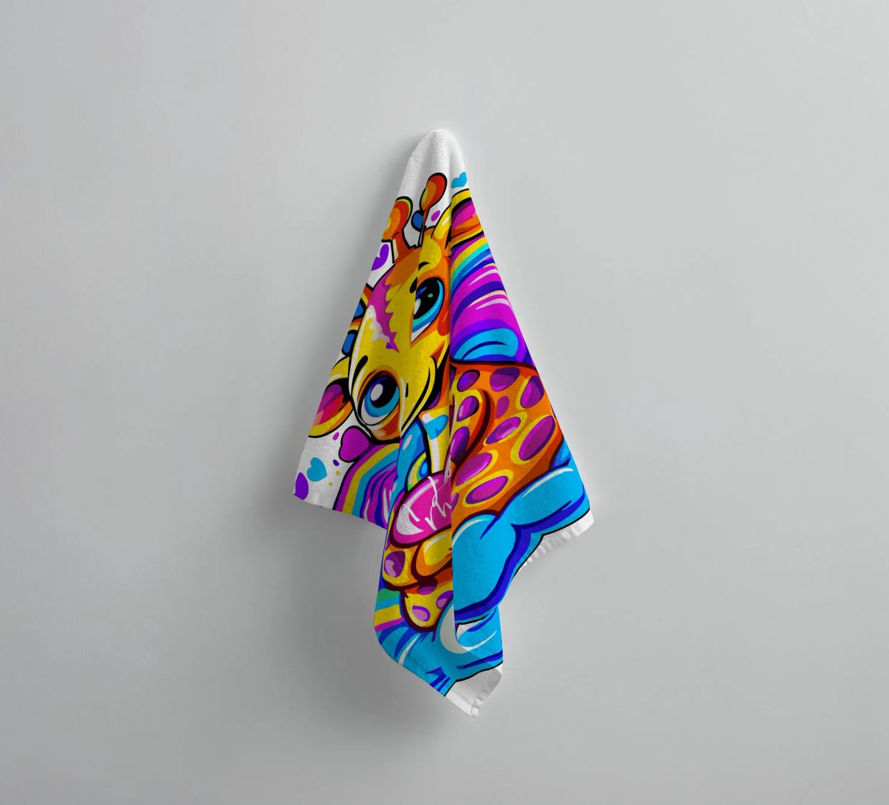 Cute Giraffe Hugging a Heart Pillow on a Cloud - Add Name towel by Artnesia