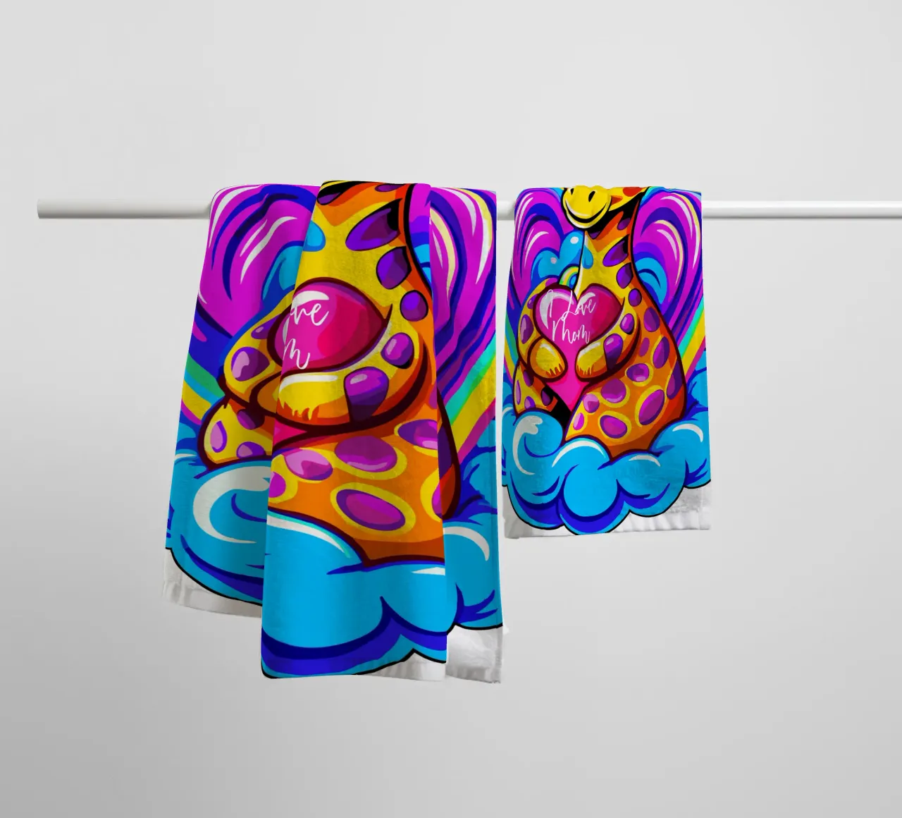 Cute Giraffe Hugging a Heart Pillow on a Cloud - Add Name towel by Artnesia