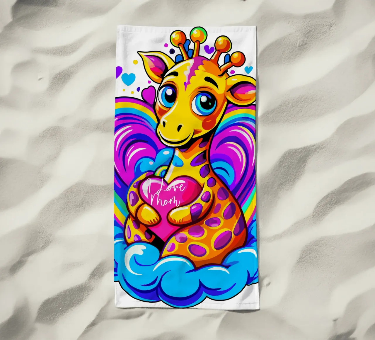 Niedliche Giraffe, die ein Herz-Kissen auf einer Wolke umarmt - Name hinzufügen Strandtuch von Artnesia