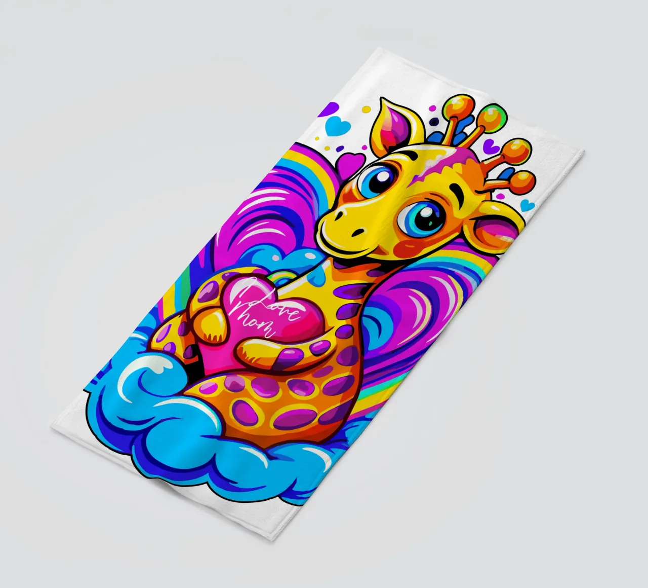 Niedliche Giraffe, die ein Herz-Kissen auf einer Wolke umarmt - Name hinzufügen Strandtuch von Artnesia